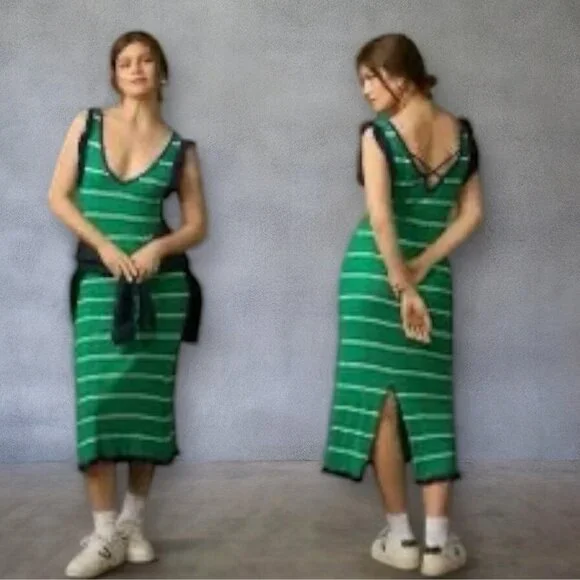 green emerald velvet dress Anthropologie Dress Womens 0 Green Button Up Long Sleeve Belted White Striped main image 0
